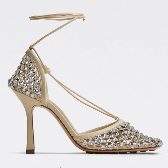 NIB Bottega Veneta Rhinestone mesh and leather sandals in sugar cane - Picture 1 of 4